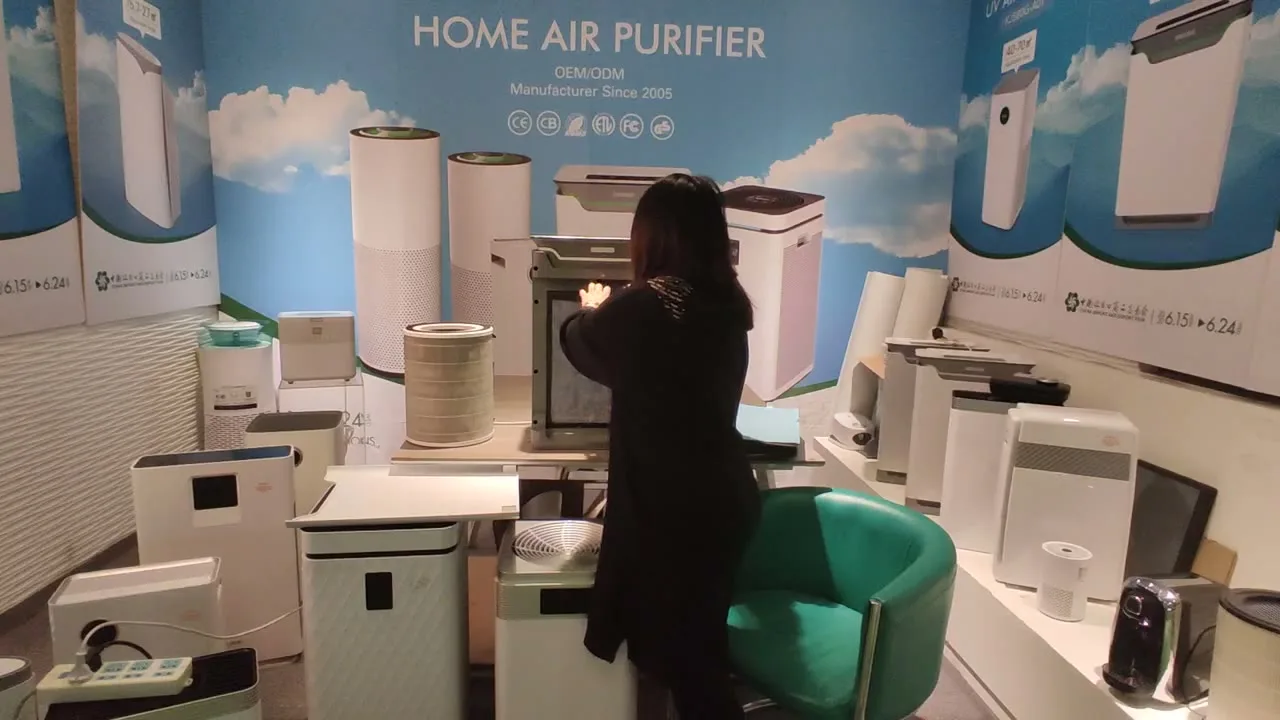 Showroom teardown — opening a purifier's front panel to reach the composite filter